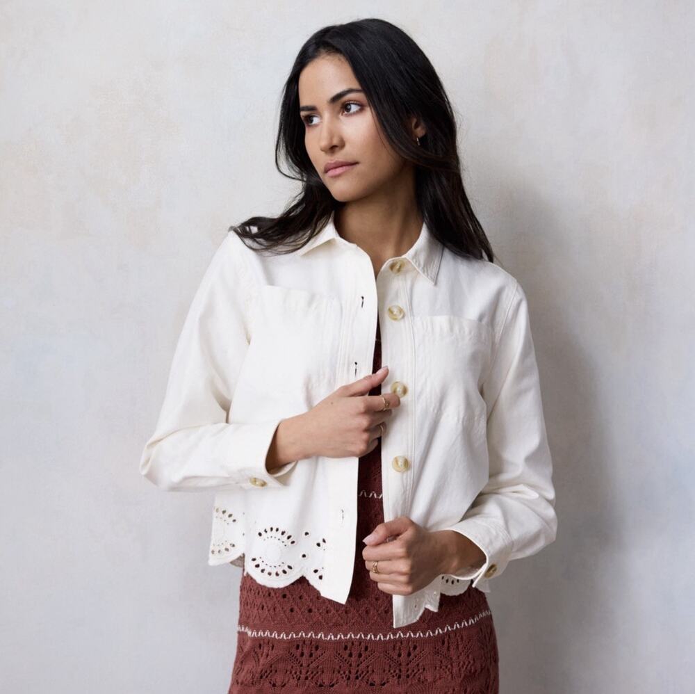 LC Lauren Conrad Femme Trucker Eyelet Hem Jacket Cream Casual Resort Size Large